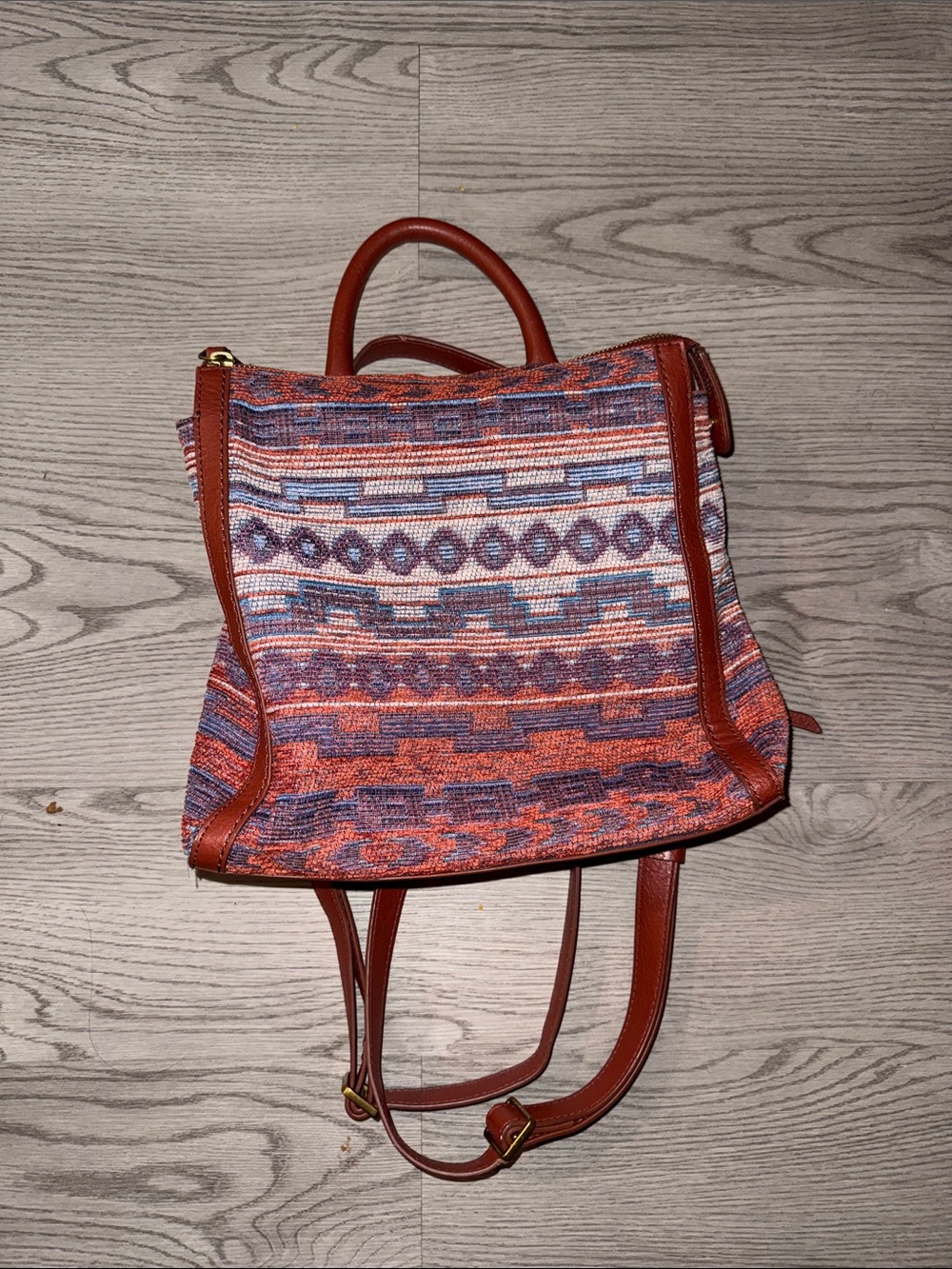 Woven Pattern Orange Multi Backpack with Faux Leather Trim
